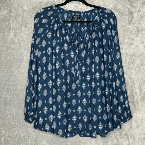 Cotton On Small Shirt Top Navy Blue White Paisley Long Sleeve Keyhole Scoop Neck - Picture 1 of 7